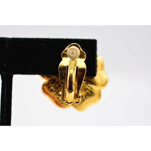 Premier USA Vintage Clip On Earrings Rhinestone Crystal Flower Gold Signed BinAO - Picture 9 of 12